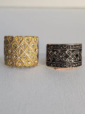 NWT Set of Gold Quilted Pavé + Black Marcasite Wide Band Ring Bundle Size 6